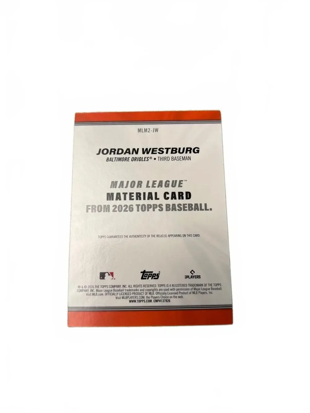 Jordan Westburg Baltimore Orioles Player-Worn Memorabilia 1/